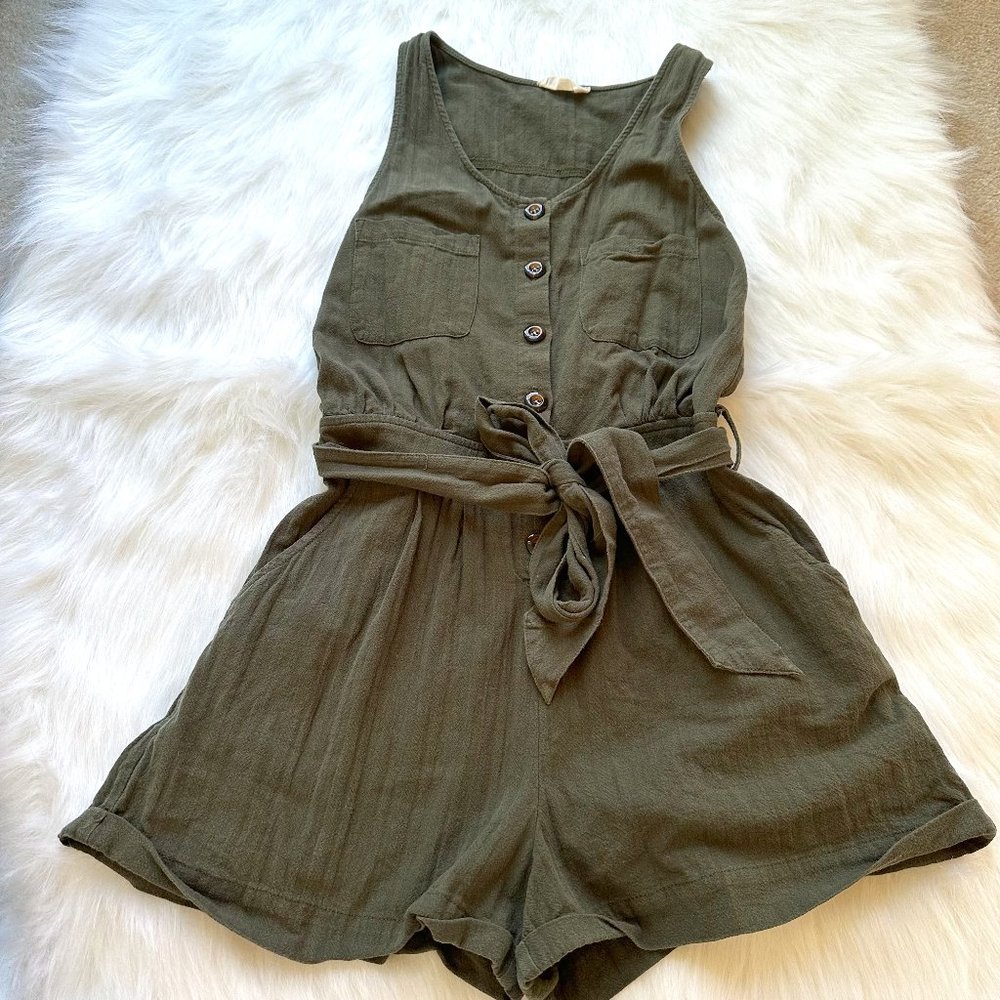 Altar'd State Olive Green Sleeveless Button Front Romper with Tie Waist
